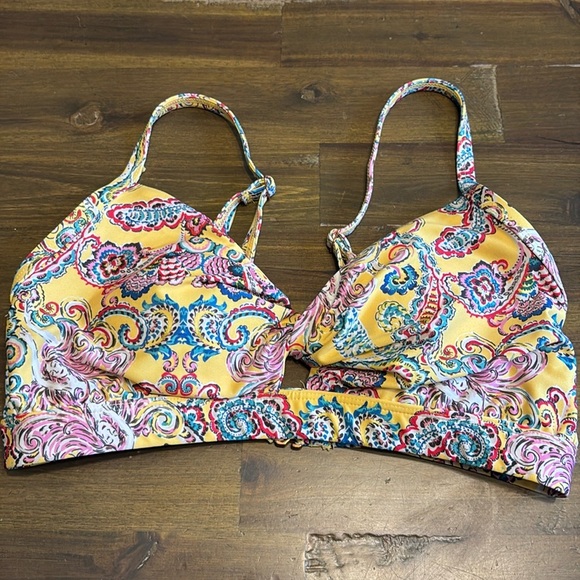 Anthropologie Bikini Top Triangle Yellow Paisley Colorful Print Twist Keyhole XS - Picture 2 of 5